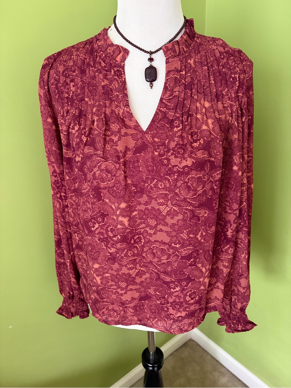 LOFT Burgundy Lace-Pattern Long Sleeve Blouse
